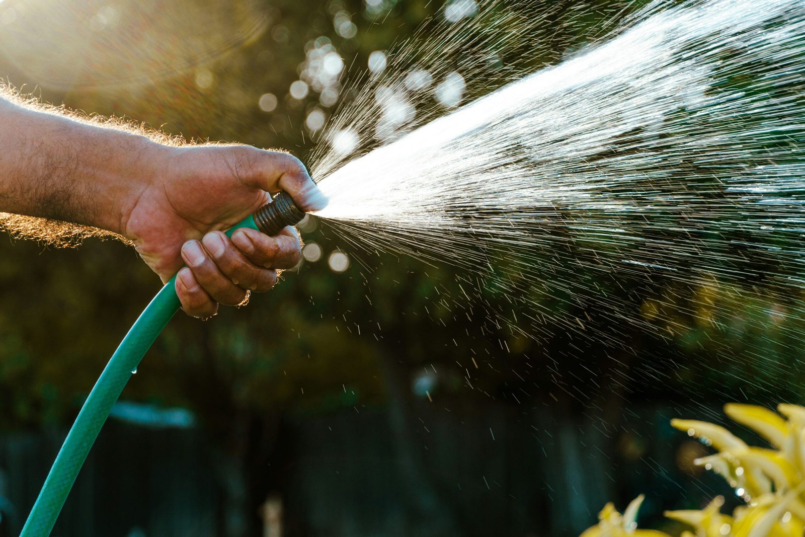 A photo of a man's hand with the thumb over the end of a hosepipe which is spraying water